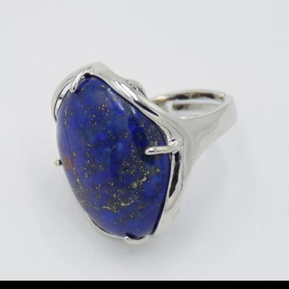 Silver titanium genuine lapis Lazuli stone adjustable boho ring new - Picture 6 of 7